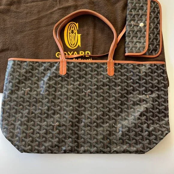 Authentic Goyard Goyardine Saint Louis PM Black Brown Shoulder Tote Bag & Pouch